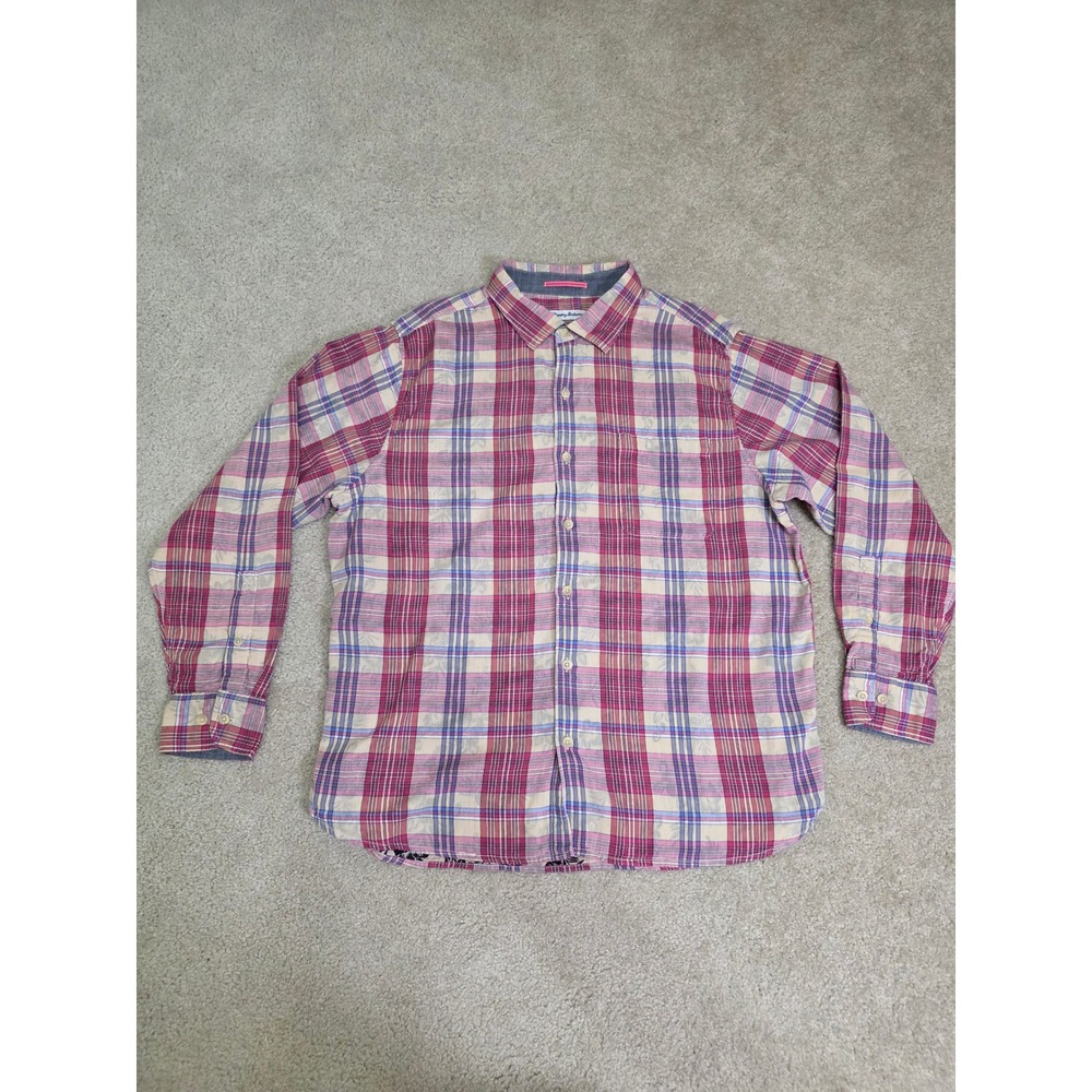 Tommy Bahama Mens XL Pink Purple Plaid Cotton Long Sleeve Button Down Shirt